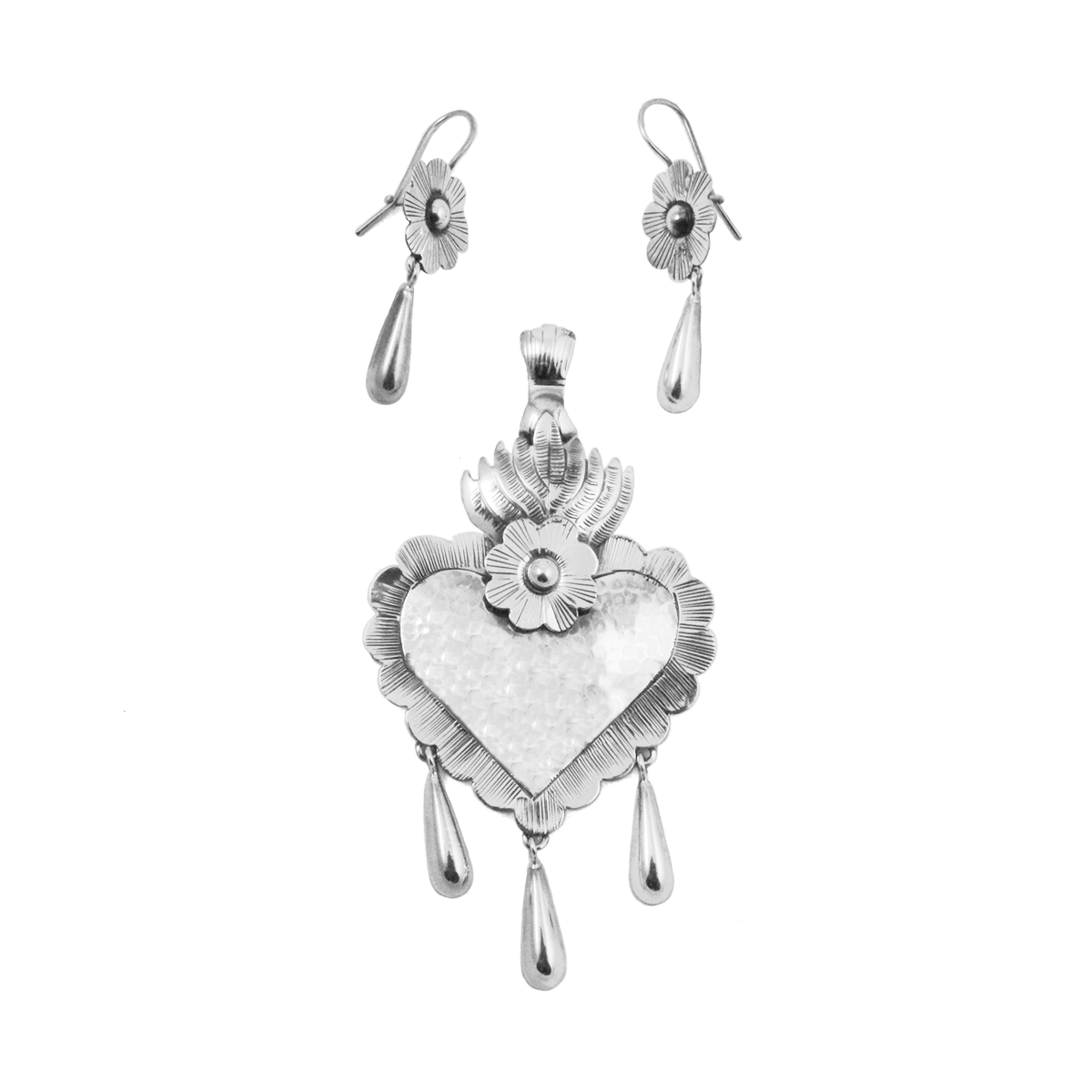 Sterling Silver Amor en Fuego Mazahua Pendant and Earrings Set