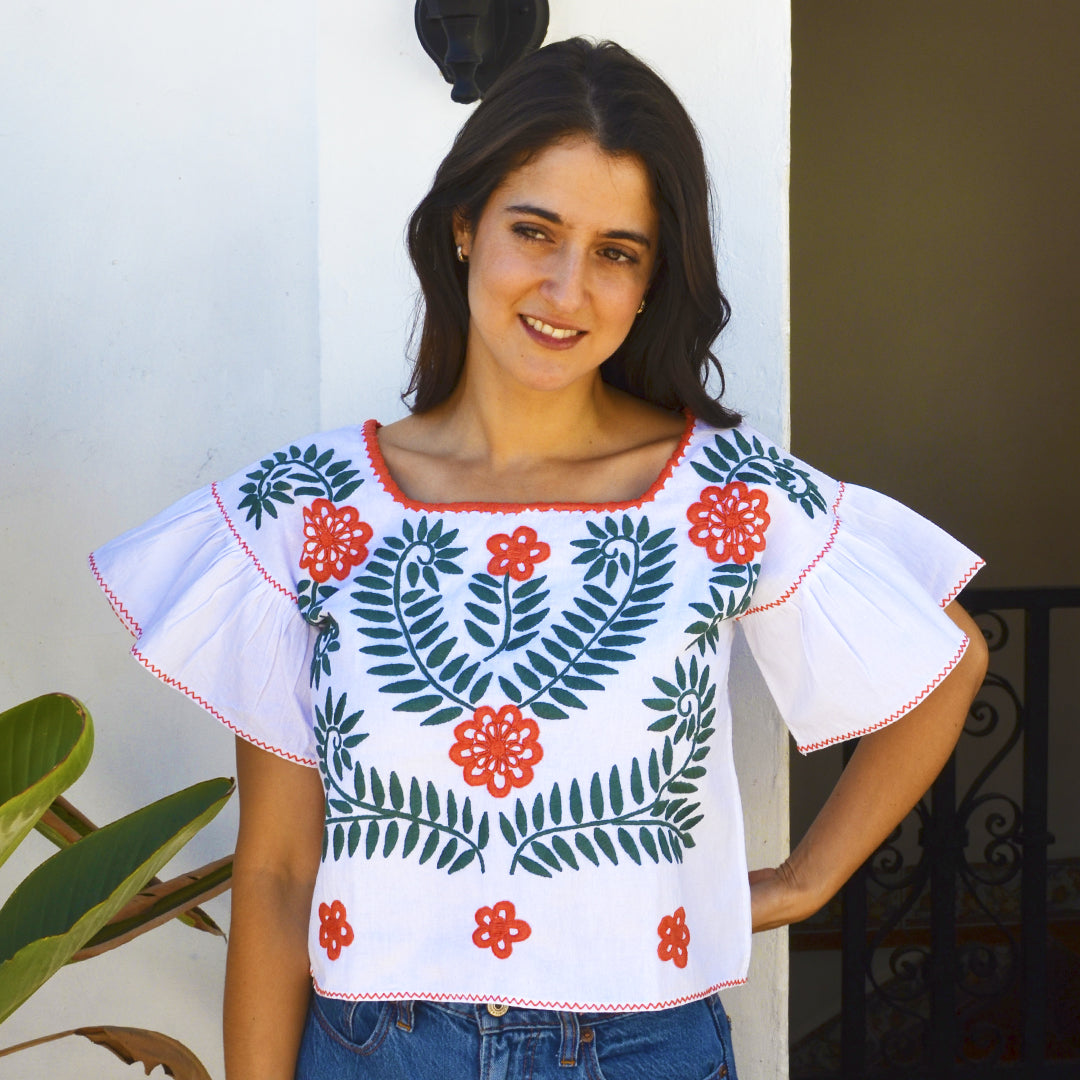 Carranza Flutter Sleeve Embroidered Cropped Blouse