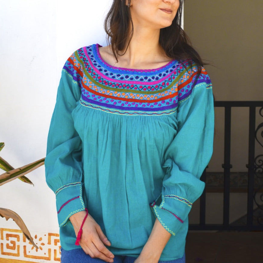 Carranza 3/4 Sleeve Embroidered Round Neckline Blouse