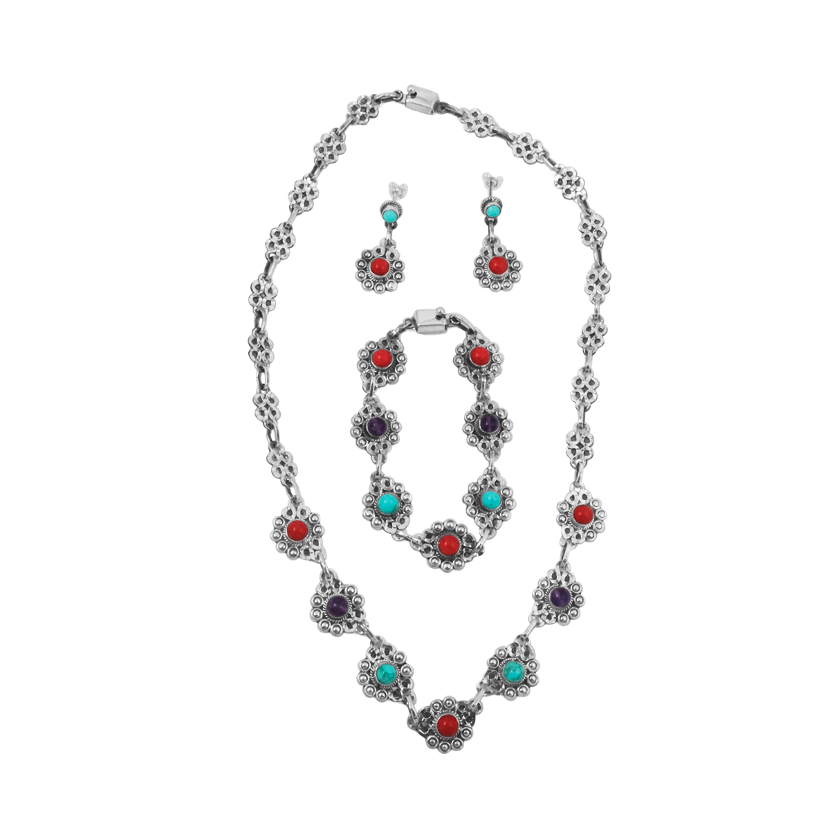 Sterling Silver Multicolor Barroco Necklace, Earrings, and Bracelet Set