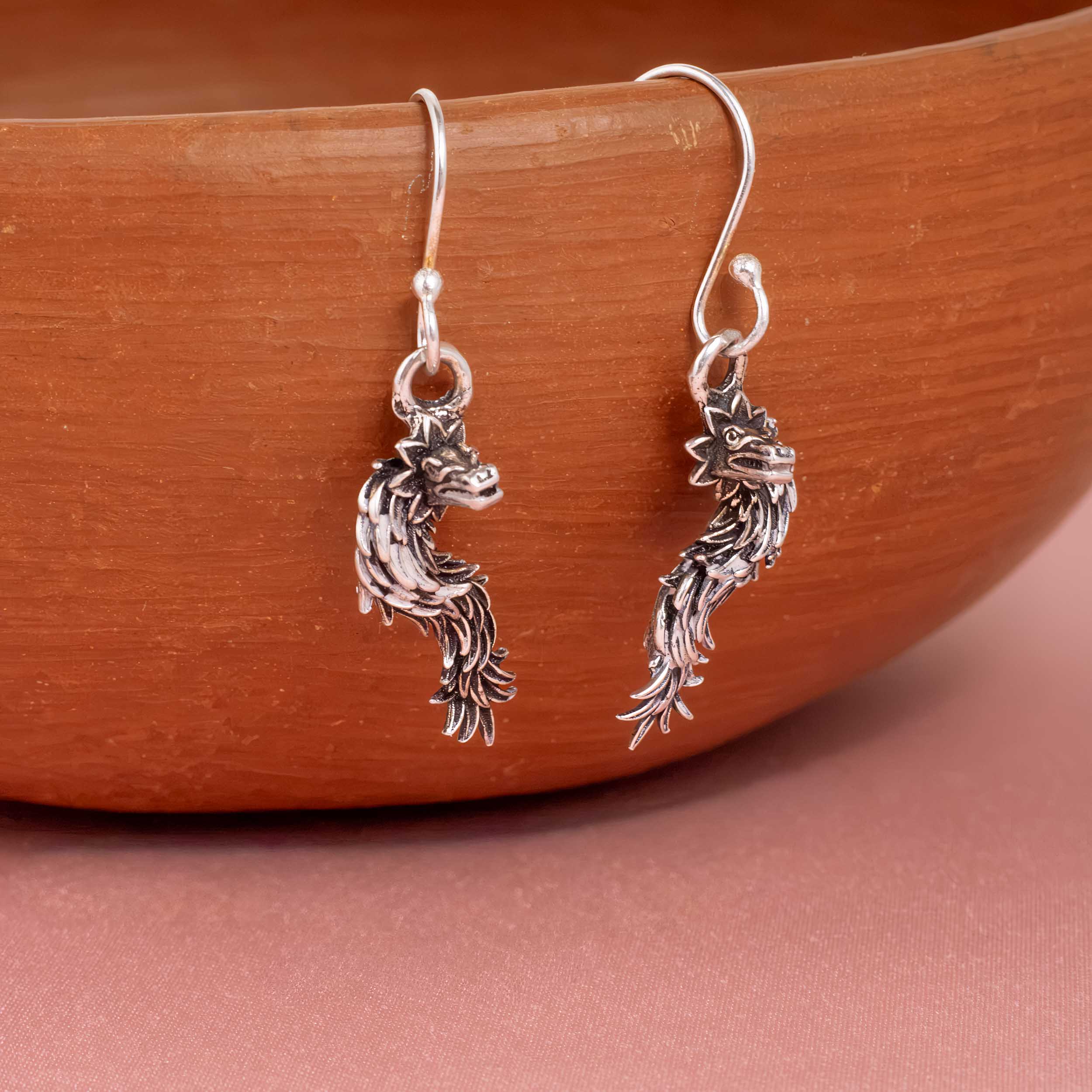 Sterling Silver Feathered Serpent Quetzalcoatl Earrings