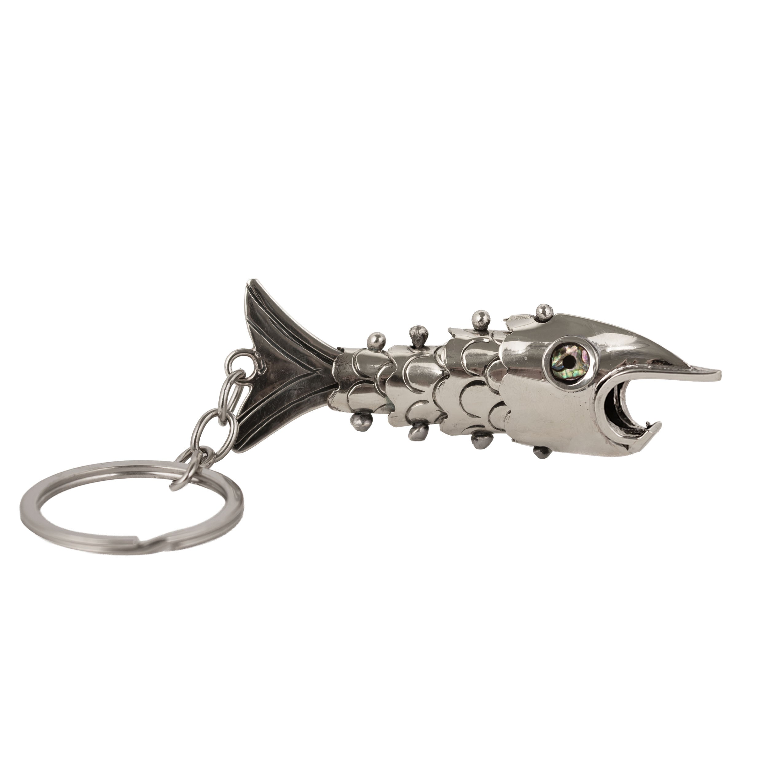 Articulated Nickel Silver Fish Purse Charm Bottle Opener with Abalone Eyes