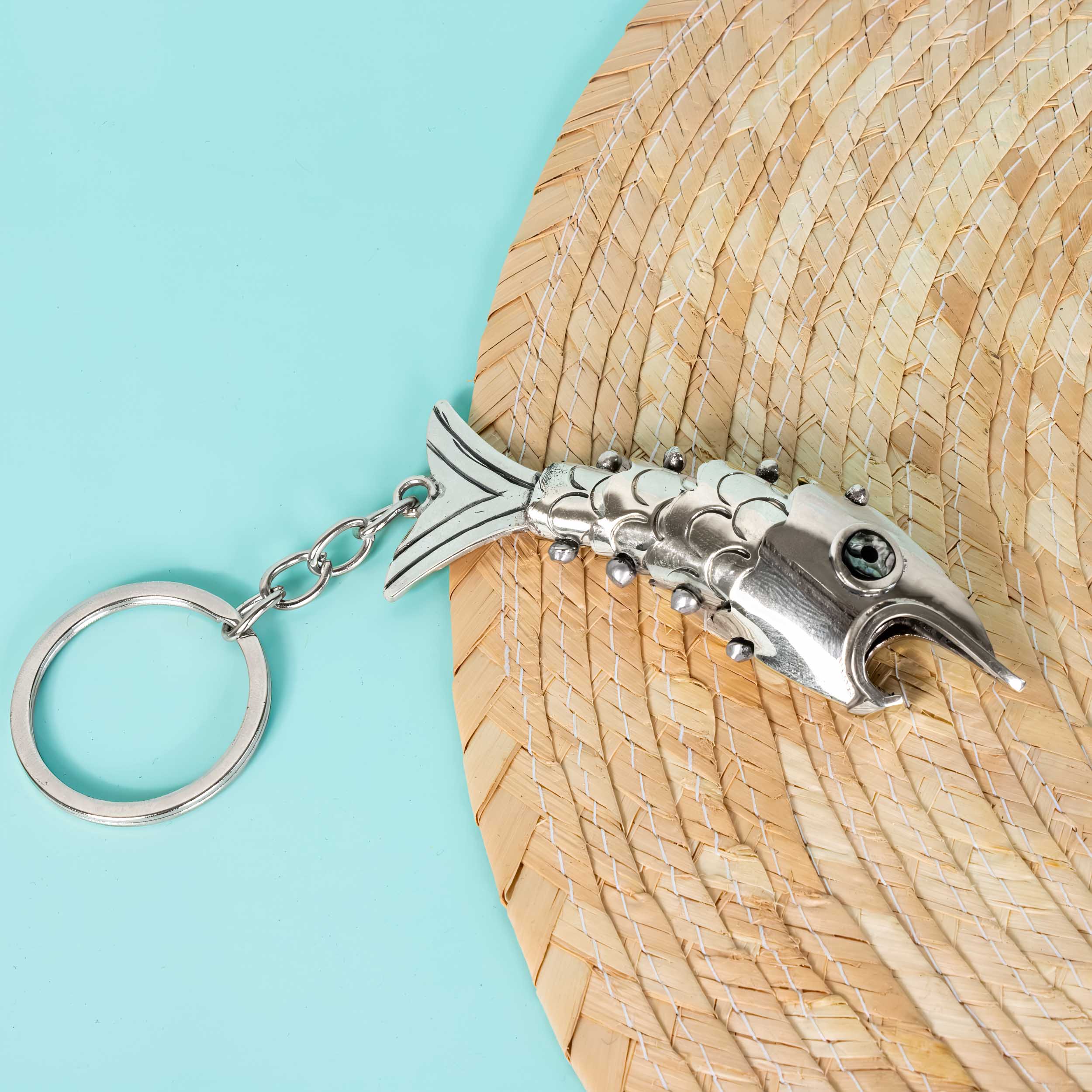 Articulated Nickel Silver Fish Purse Charm Bottle Opener with Abalone Eyes