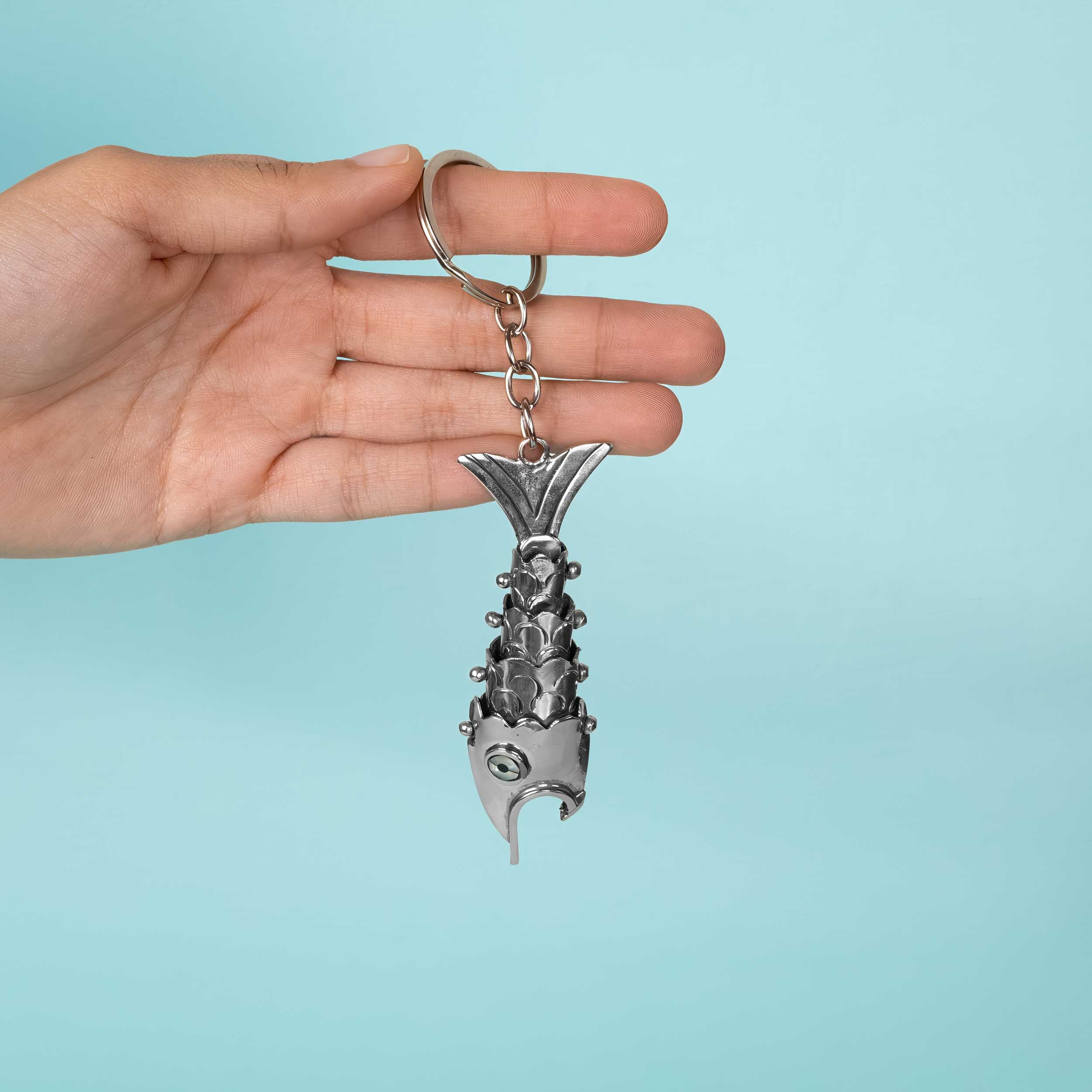 Articulated Nickel Silver Fish Purse Charm Bottle Opener with Abalone Eyes
