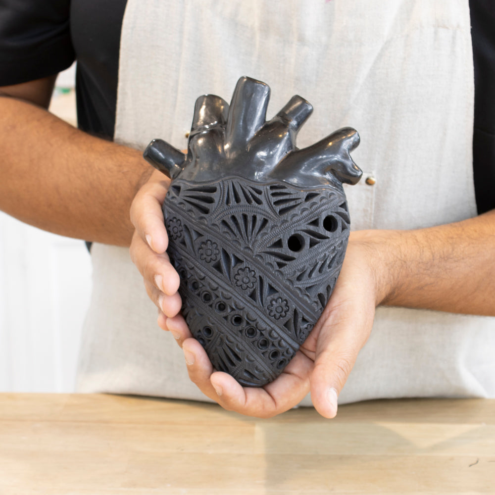 Carved Barro Negro, Black Clay, Heart Wall Art Sculpture