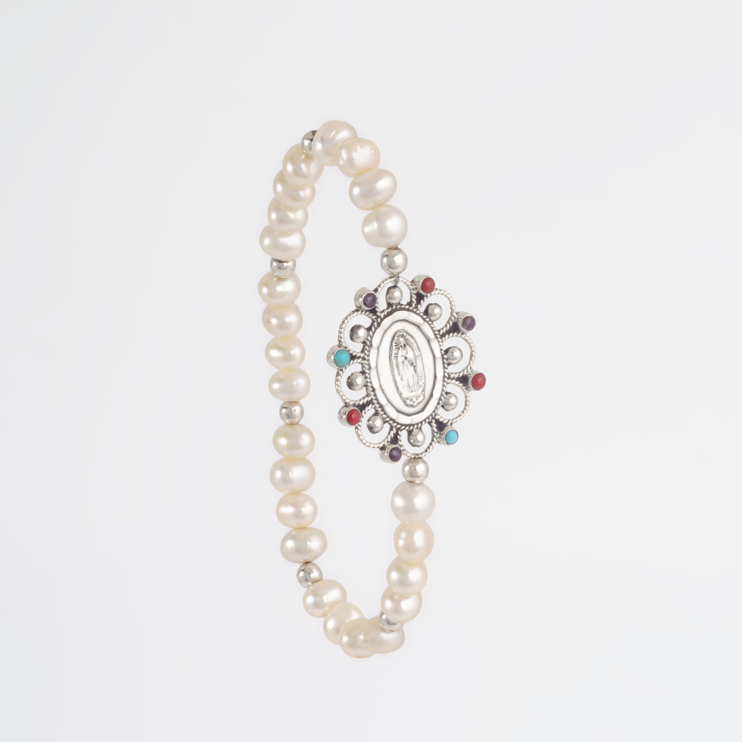 Sterling Silver Virgen De Guadalupe Faux Pearl Bracelet
