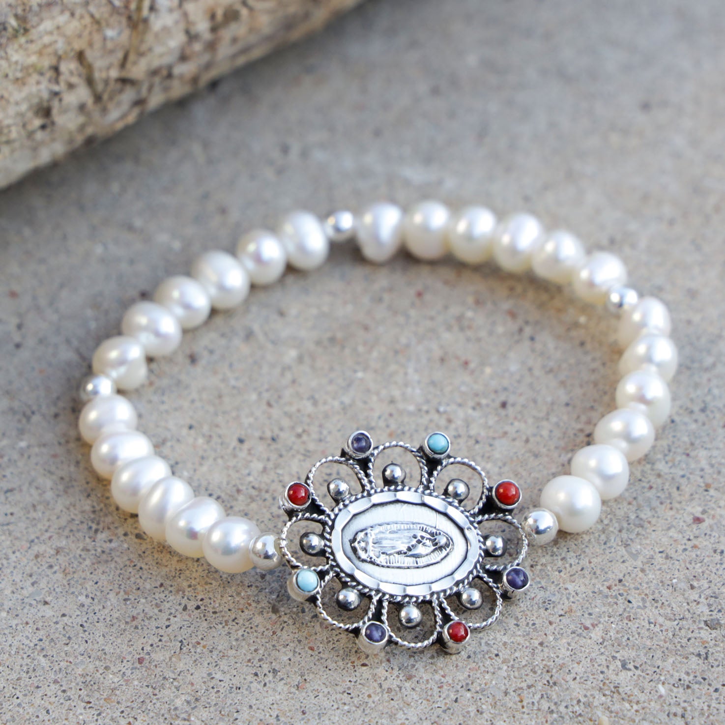 Sterling Silver Virgen De Guadalupe Faux Pearl Bracelet