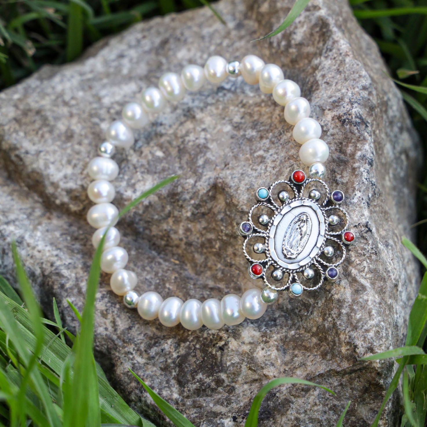 Sterling Silver Virgen De Guadalupe Faux Pearl Bracelet