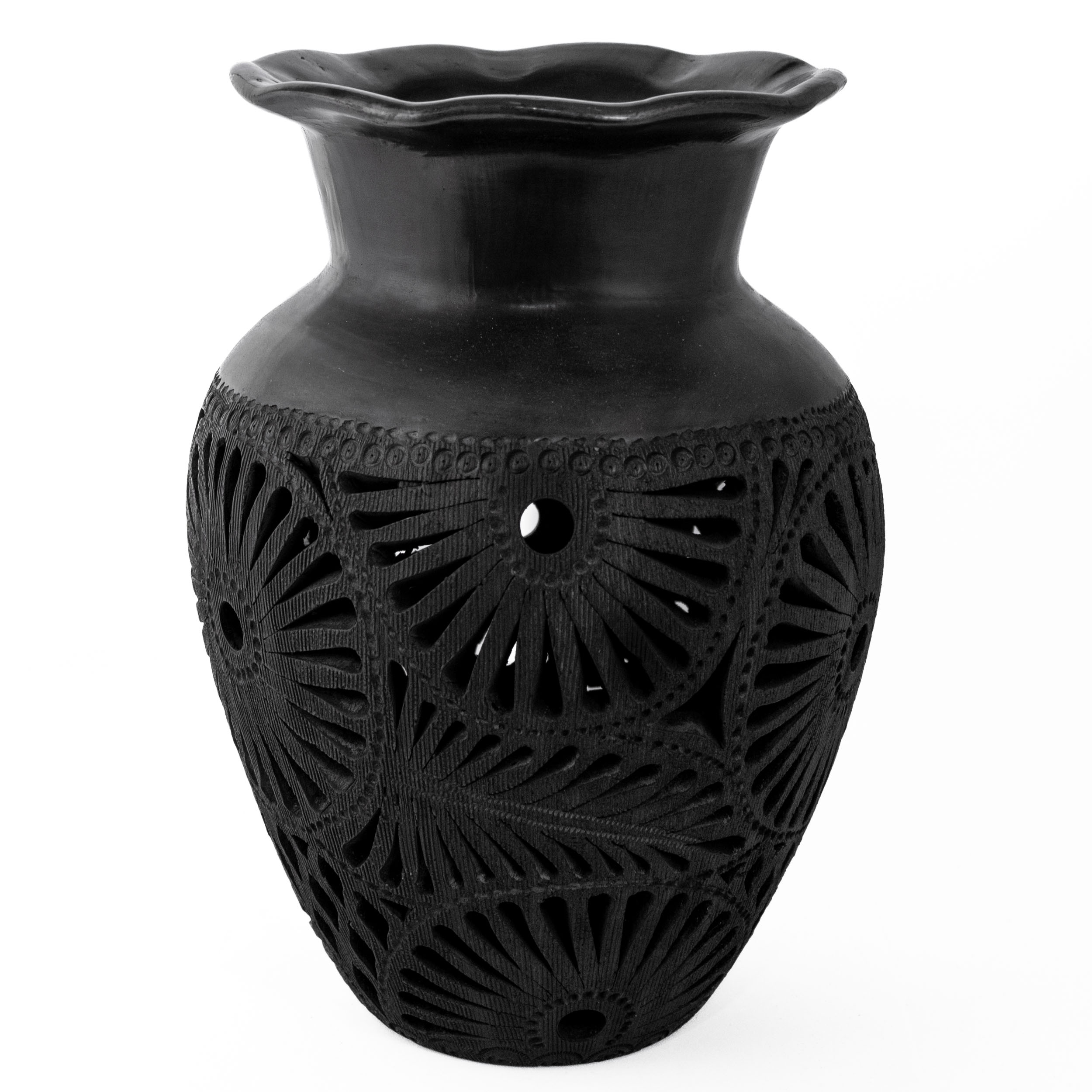 Barro Negro Openwork Vase with Scalloped Rim