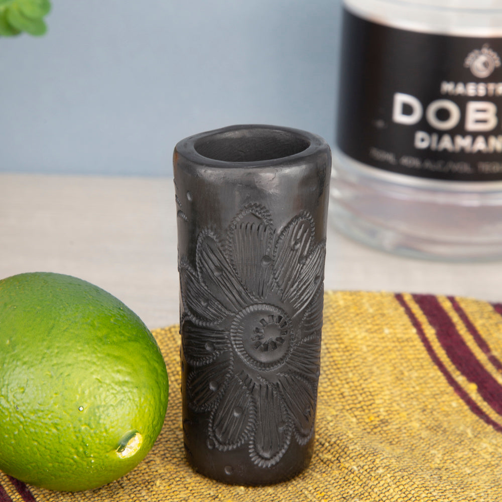 Barro Negro, Black Clay, Carved Tall Shot Glass