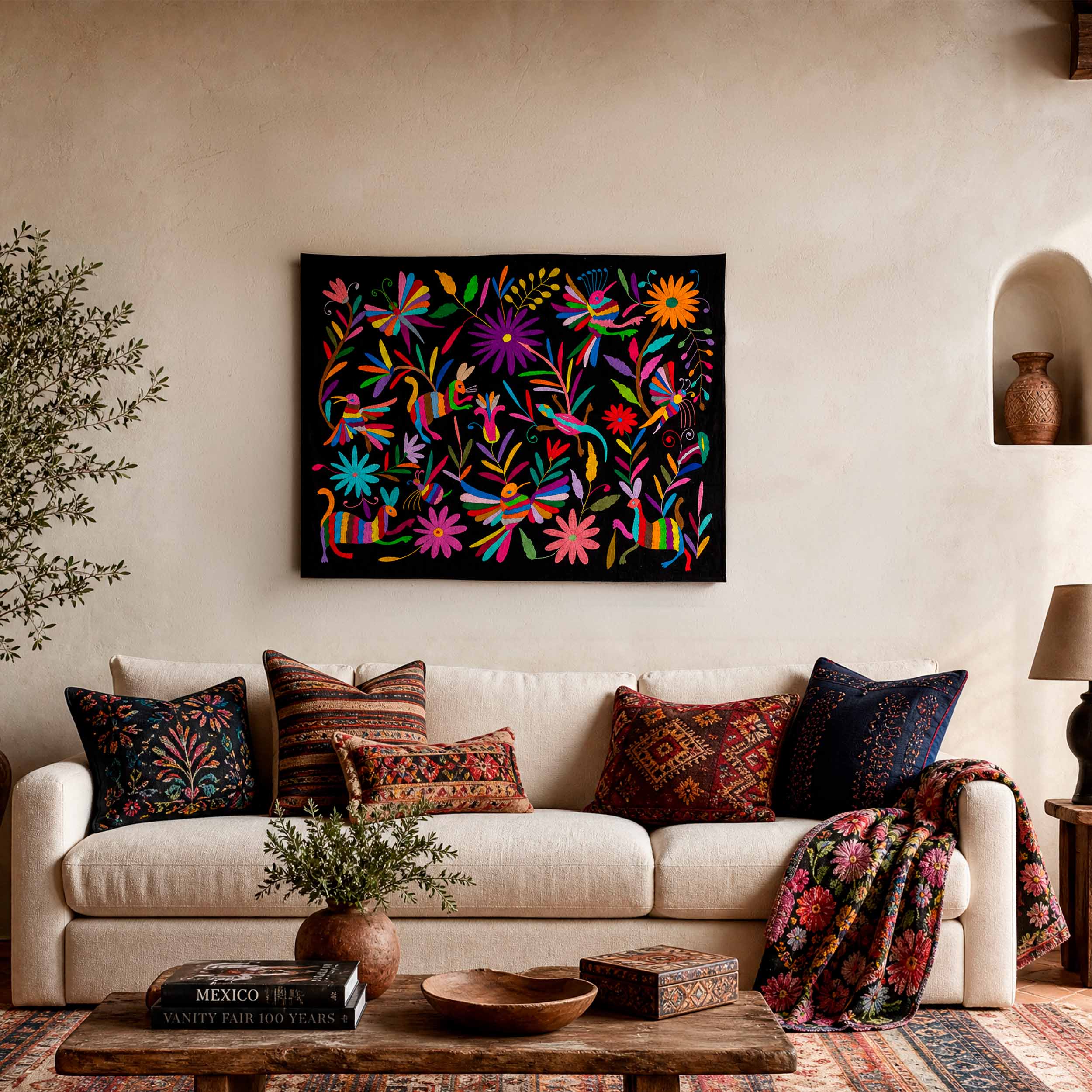 Black Otomí Hand-Embroidered Tapestry