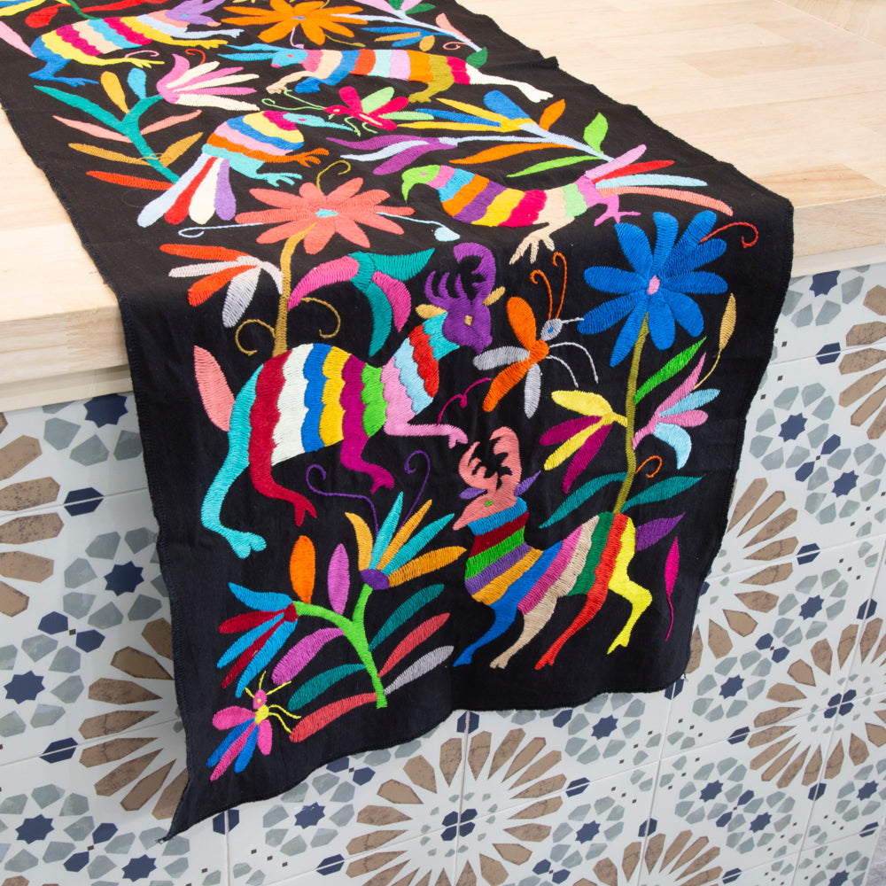 Black with Multicolor Otomí Hand-Embroidered Table Runner