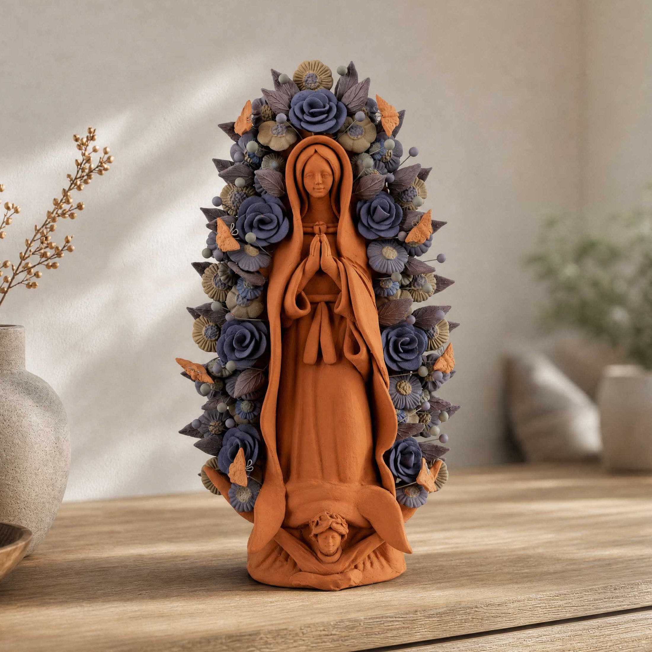 Blue Virgen de Guadalupe Barro Pigmentado Clay Sculpture