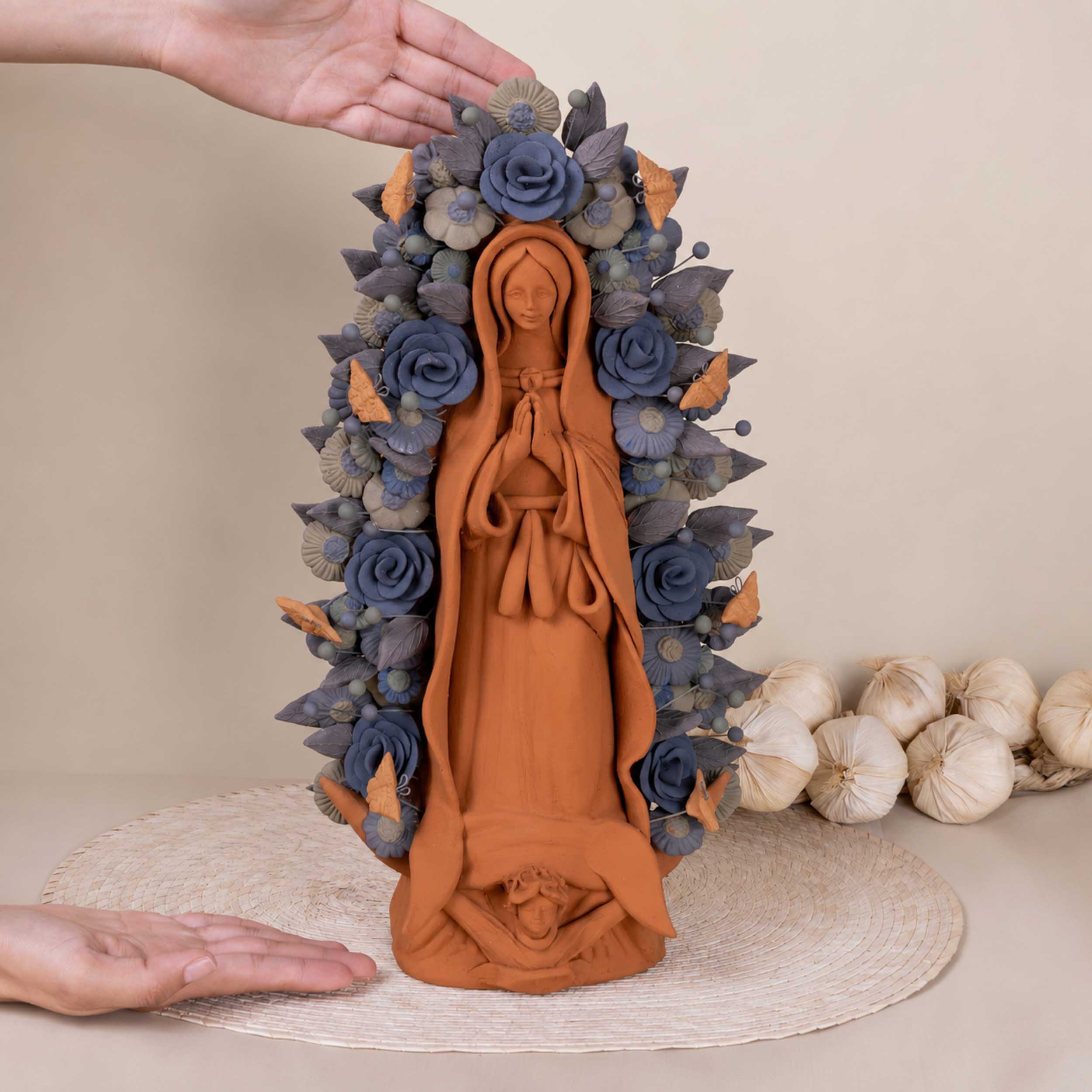 Blue Virgen de Guadalupe Barro Pigmentado Clay Sculpture