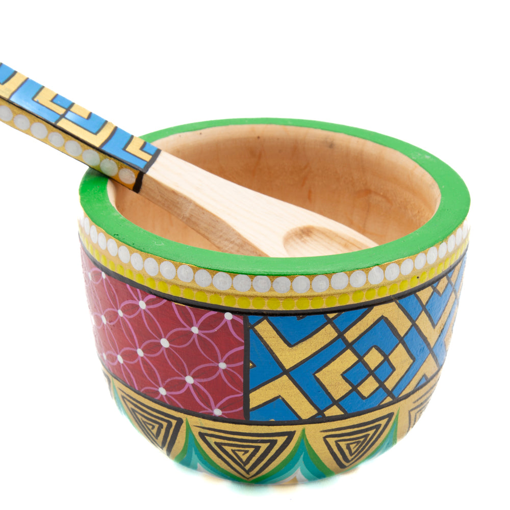 Colorful Hand-Painted Wooden Bowls with Spoon
