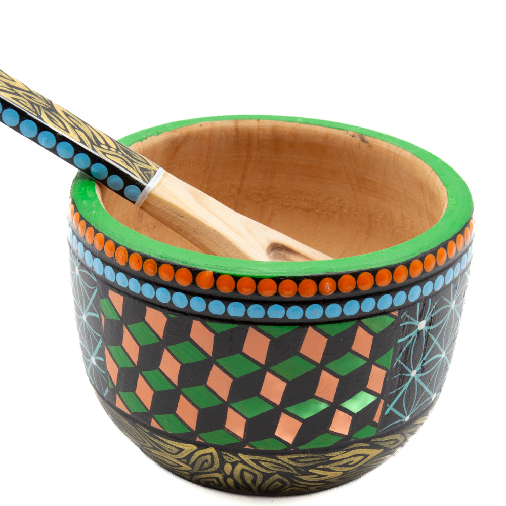Colorful Hand-Painted Wooden Bowls with Spoon