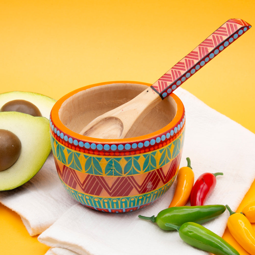 Colorful Hand-Painted Wooden Bowls with Spoon