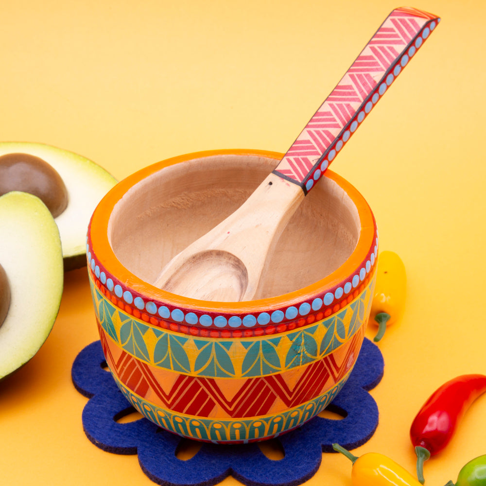 Colorful Hand-Painted Wooden Bowls with Spoon