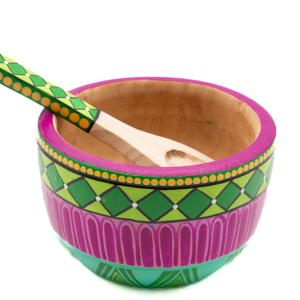 Colorful Hand-Painted Wooden Bowls with Spoon