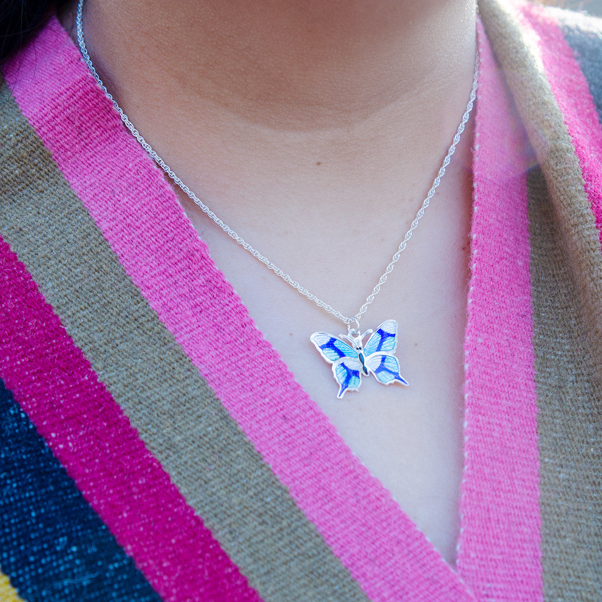 Sterling Silver Into the Blue Butterfly Earrings and Pendant Set