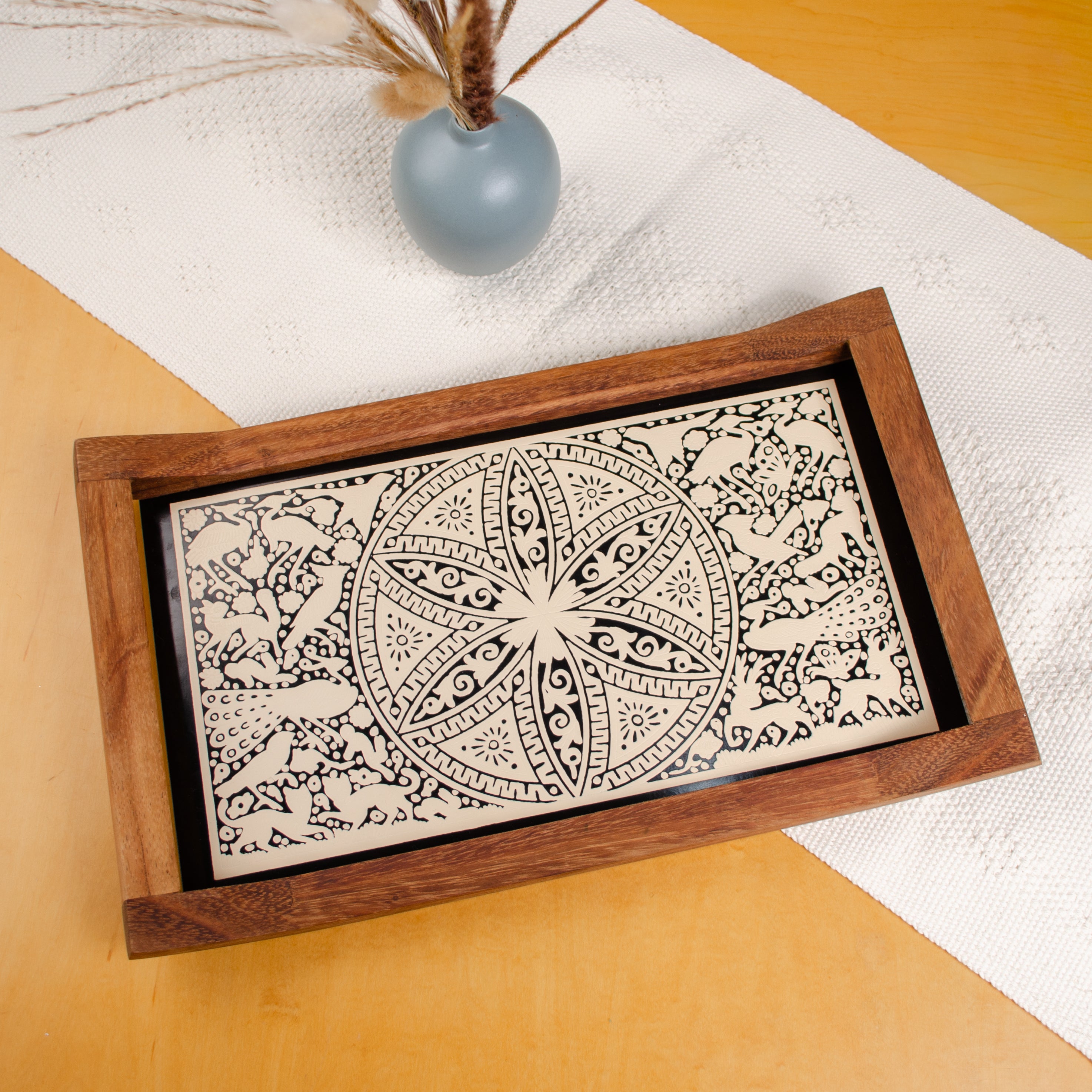Vintage Olinalá Lacquered Wood Tray with birds & Squirrel Black over Yellow main image 1