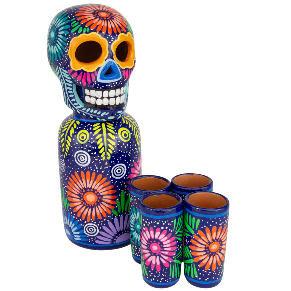 Hand-Painted Sugar Skull Top Decanter and Shot Glasses Set