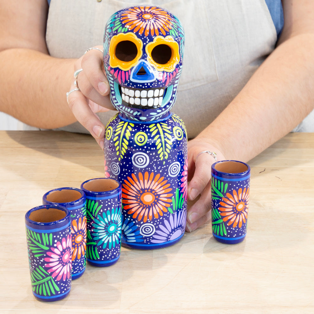 Hand-Painted Sugar Skull Top Decanter and Shot Glasses Set