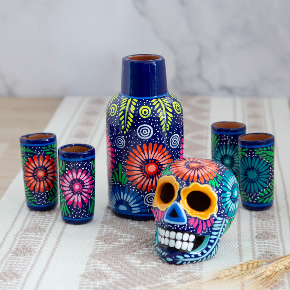 Hand-Painted Sugar Skull Top Decanter and Shot Glasses Set