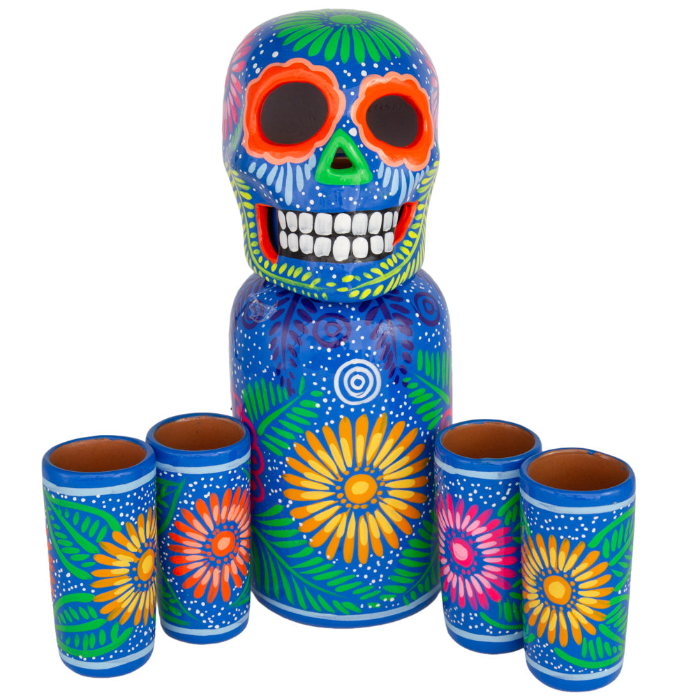 Hand-Painted Sugar Skull Top Decanter and Shot Glasses Set