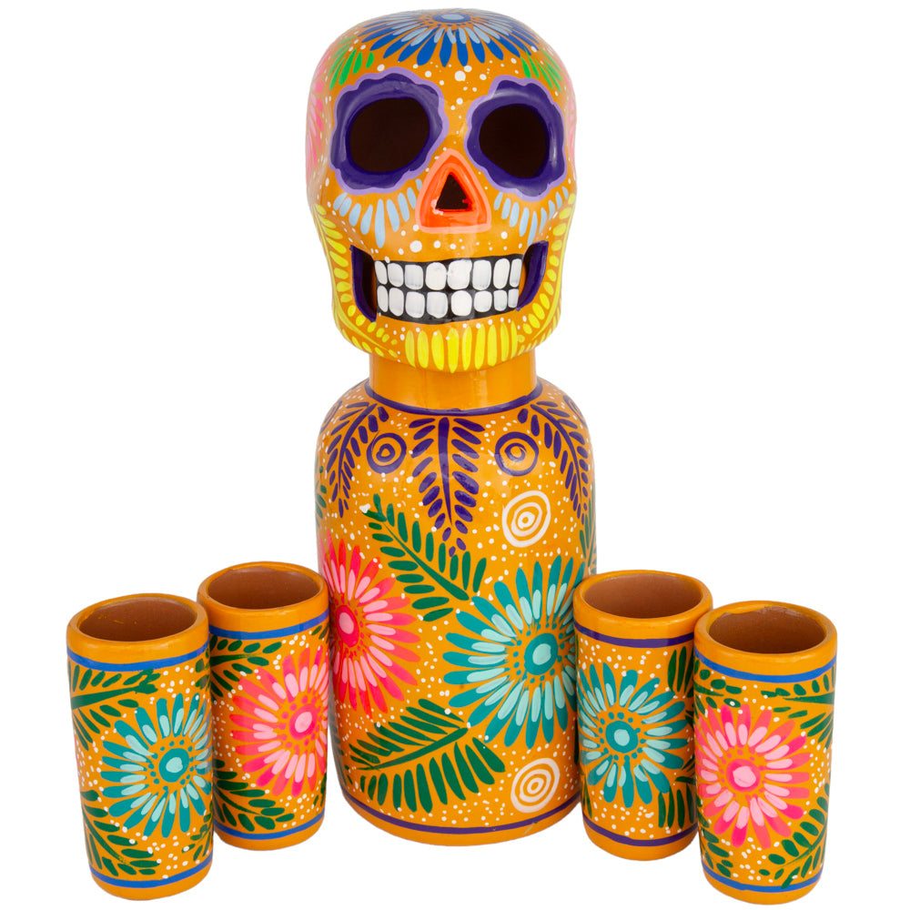 Hand-Painted Sugar Skull Top Decanter and Shot Glasses Set