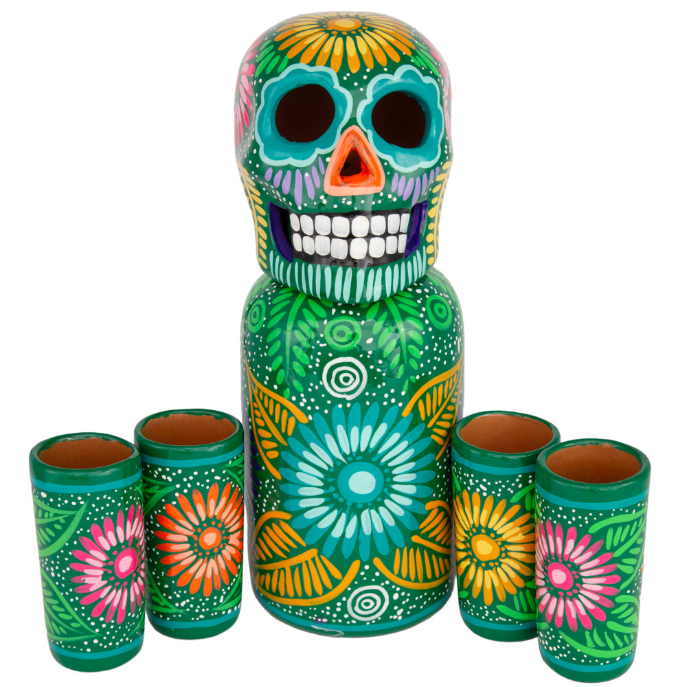 Hand-Painted Sugar Skull Top Decanter and Shot Glasses Set