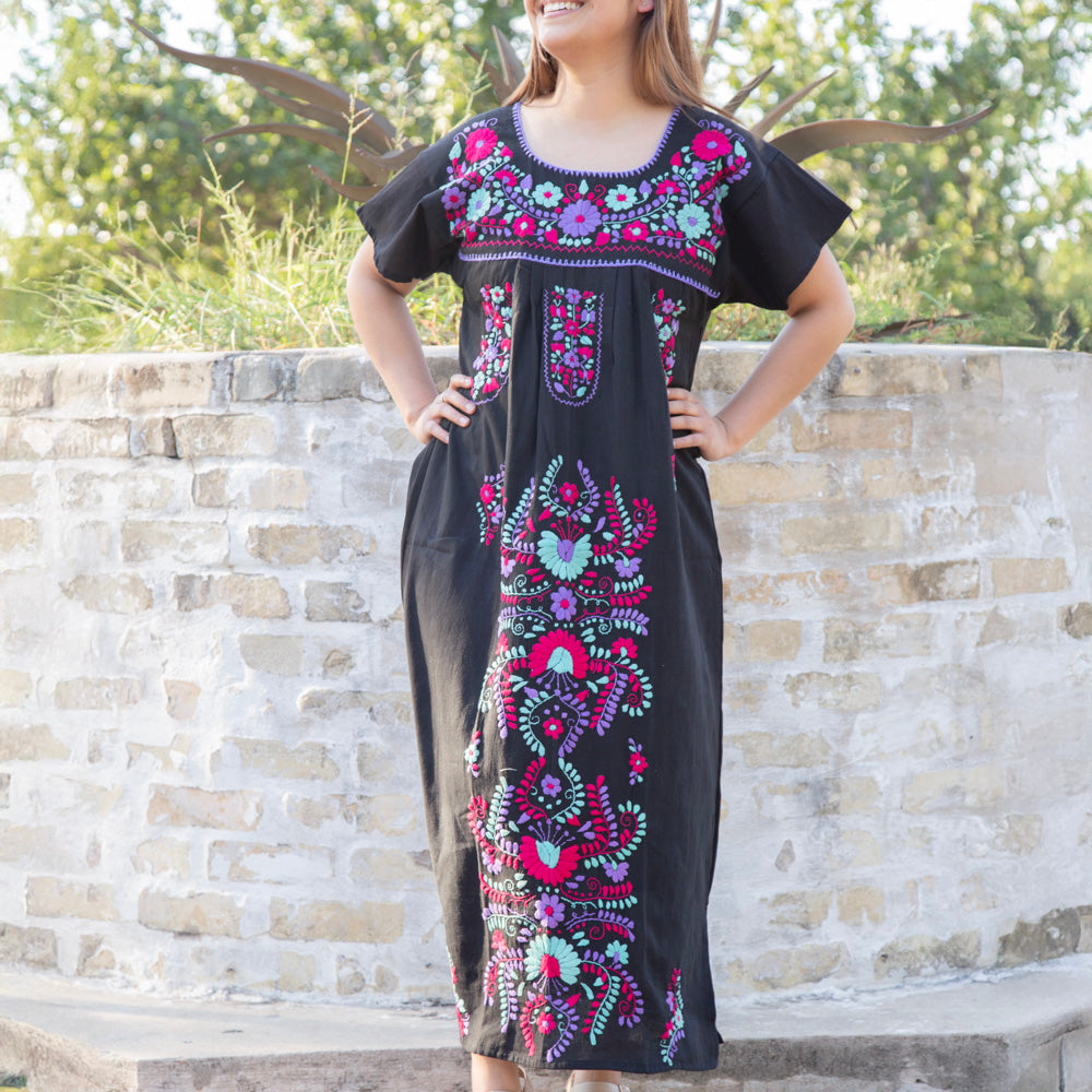 Chilac Floral Embroidered Mexican Long Dress