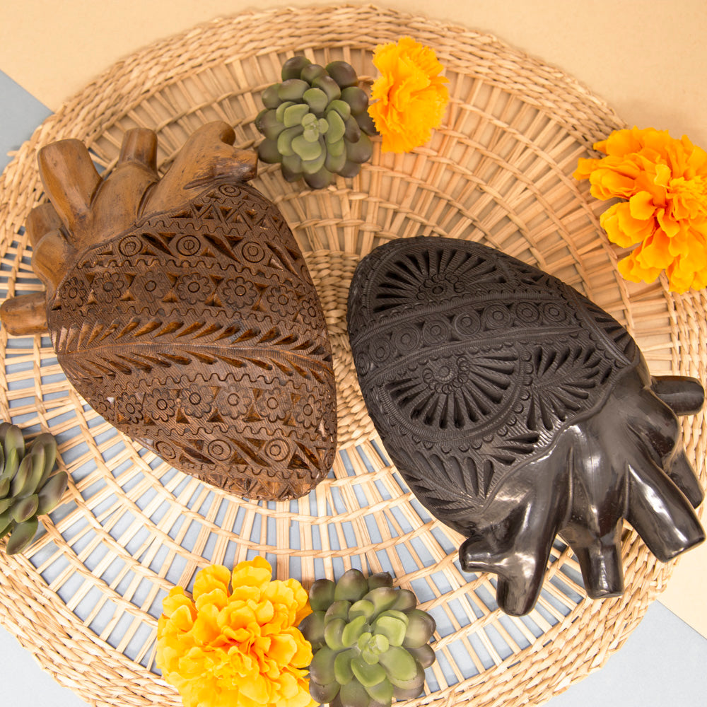 Carved Barro Negro, Black Clay, Heart Wall Art Sculpture