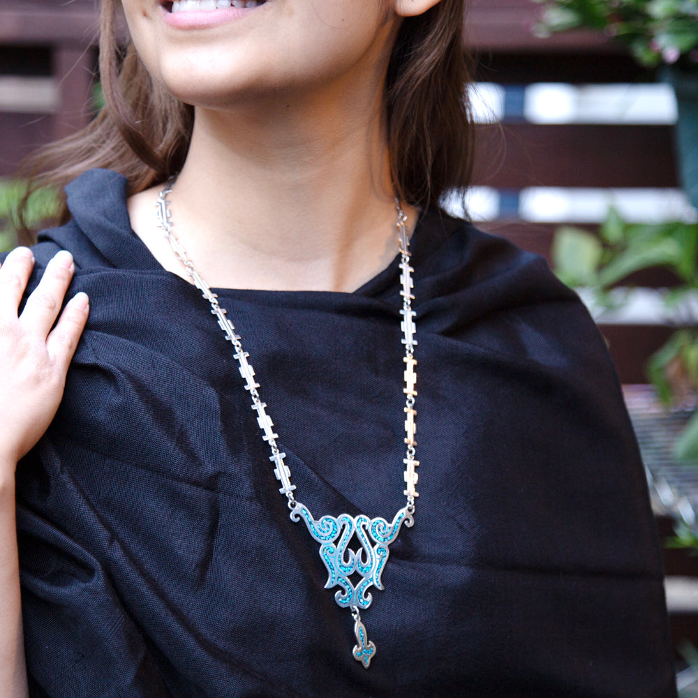 Sterling Silver Feathered Path Faux Turquoise Necklace