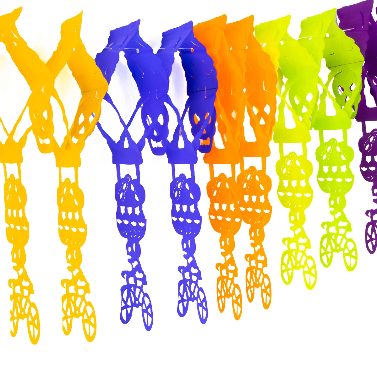 Colorful Calaca on a Bike Papel Picado Banner