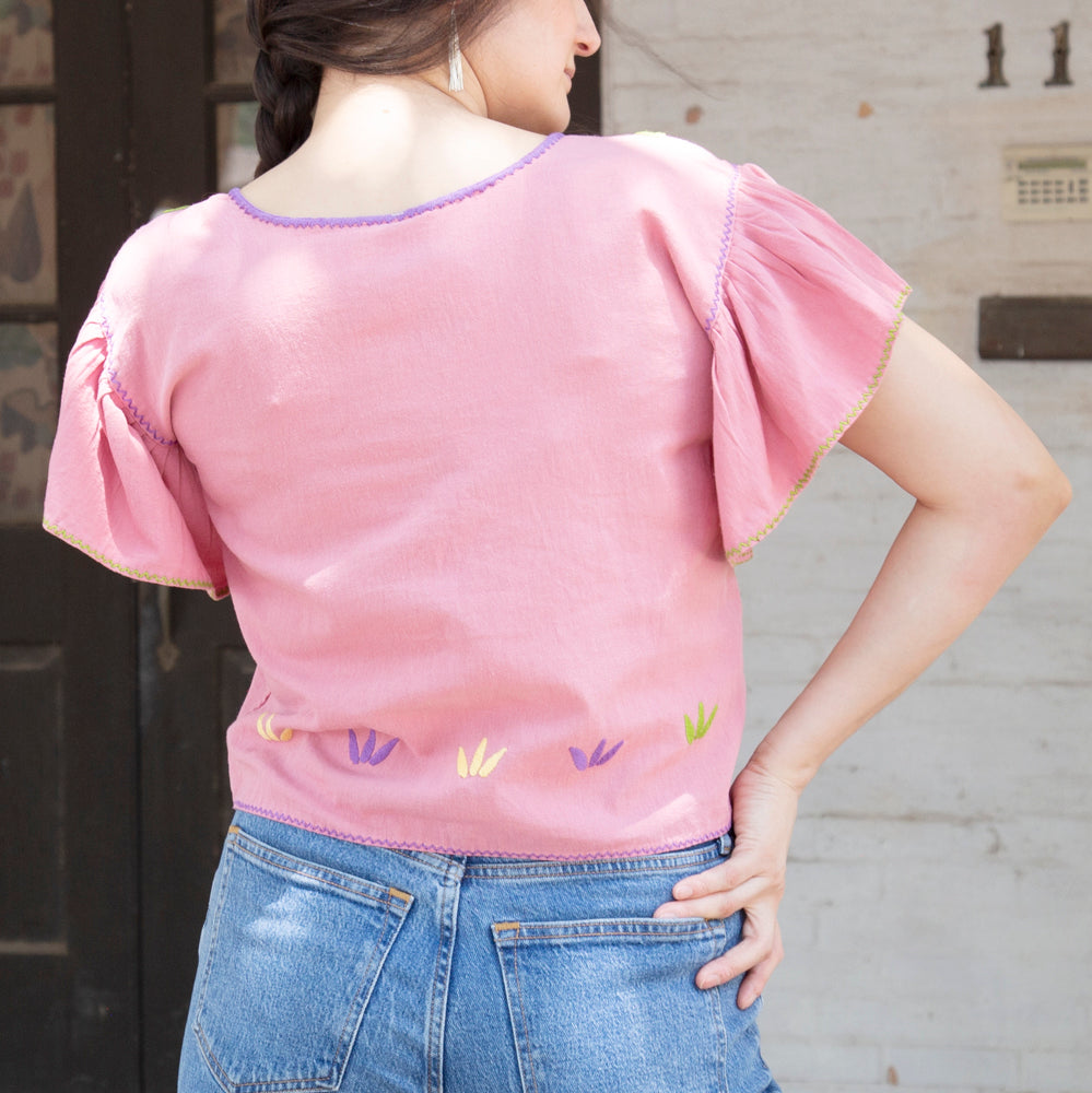 Carranza Flutter Sleeve Embroidered Cropped Blouse