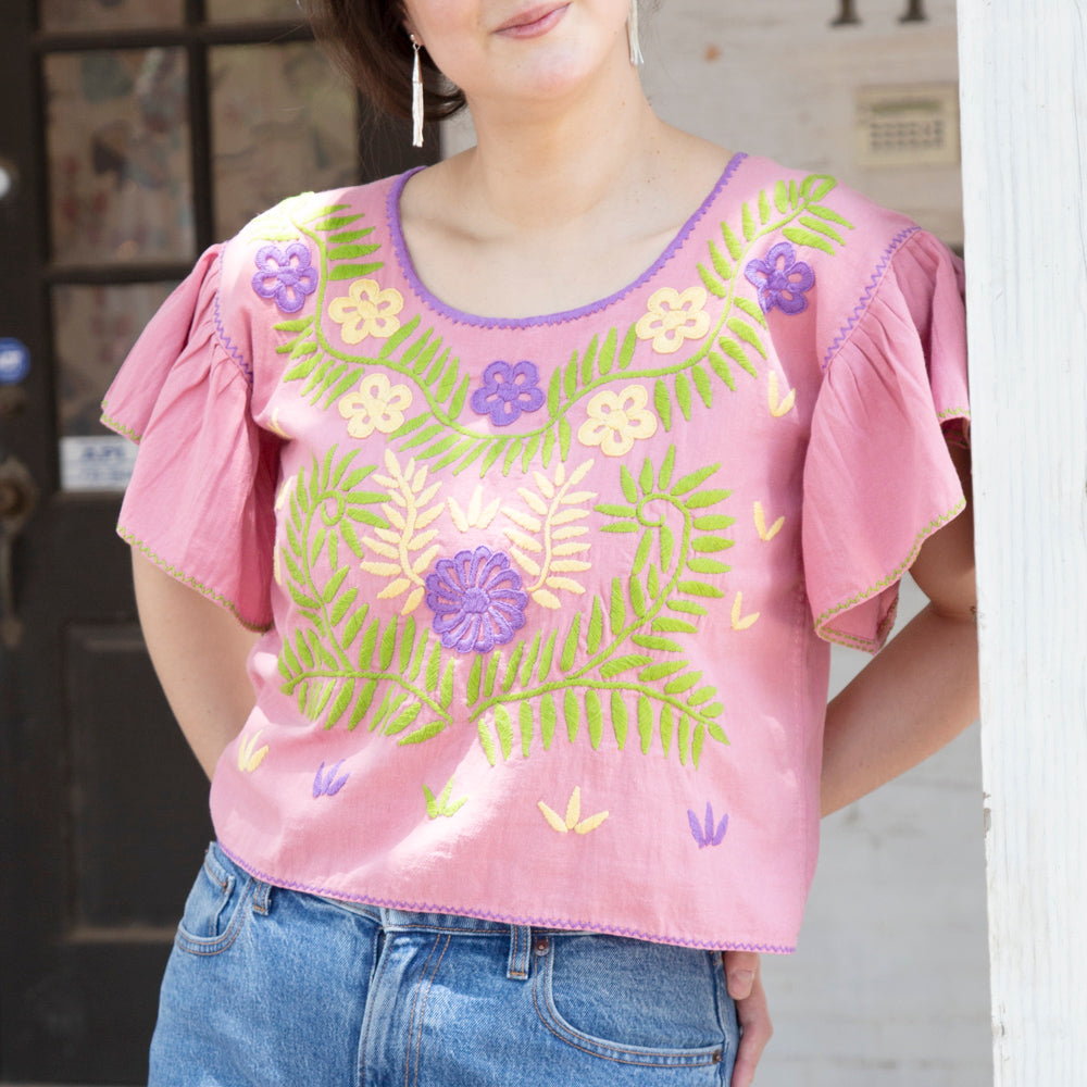 Carranza Flutter Sleeve Embroidered Cropped Blouse