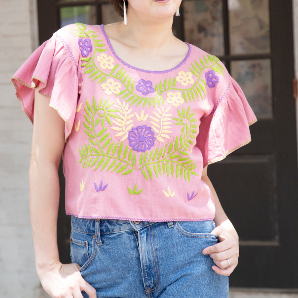 Carranza Flutter Sleeve Embroidered Cropped Blouse