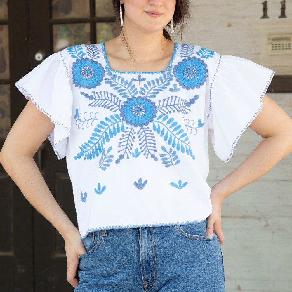 Carranza Flutter Sleeve Embroidered Cropped Blouse