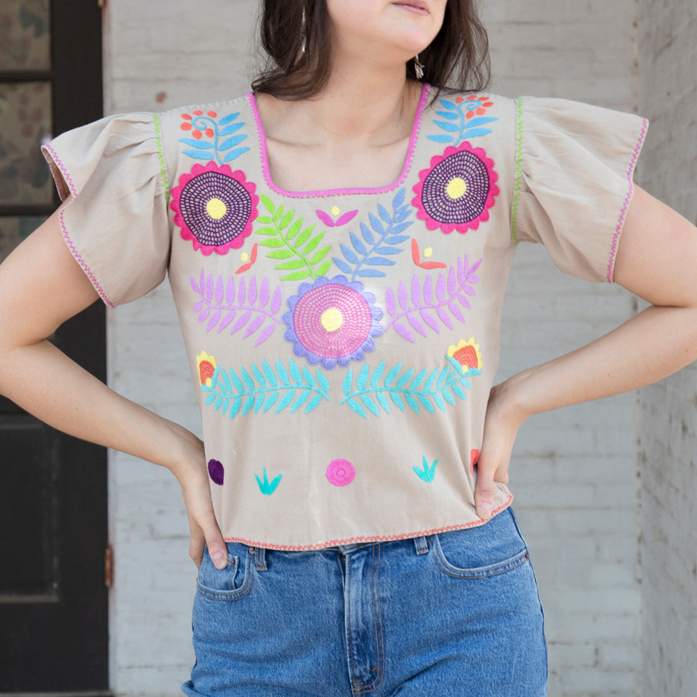 Carranza Flutter Sleeve Embroidered Cropped Blouse