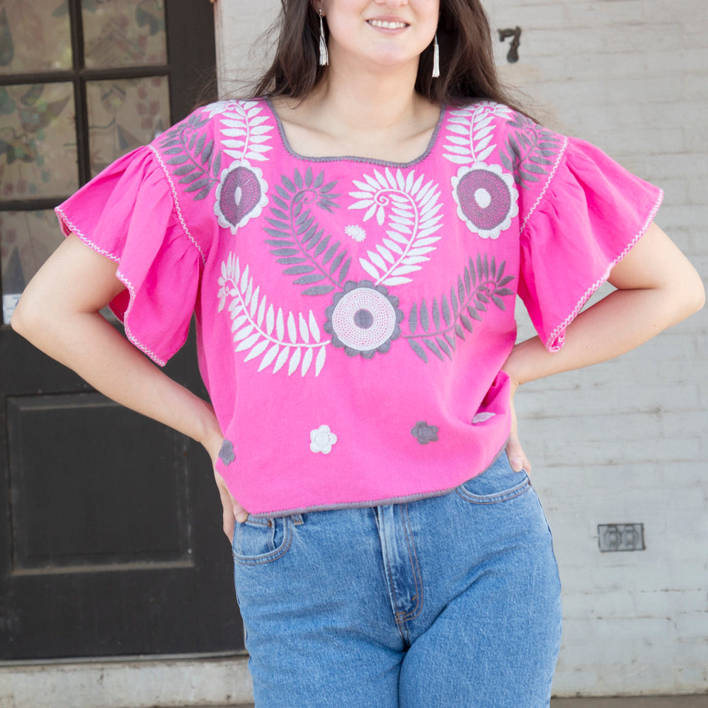 Carranza Flutter Sleeve Embroidered Cropped Blouse