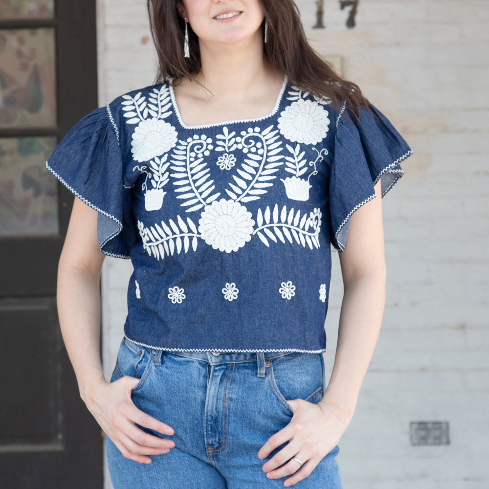 Carranza Flutter Sleeve Embroidered Cropped Blouse