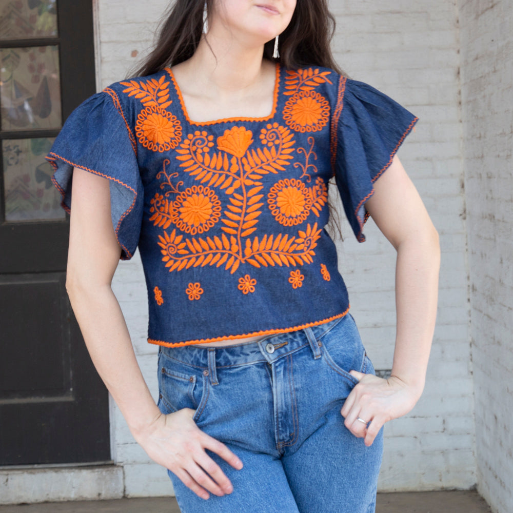 Carranza Flutter Sleeve Embroidered Cropped Blouse