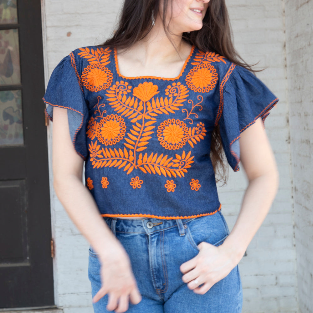 Carranza Flutter Sleeve Embroidered Cropped Blouse