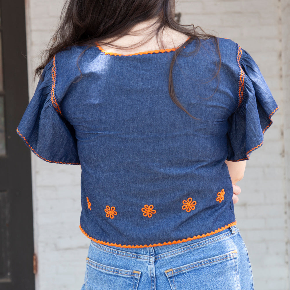 Carranza Flutter Sleeve Embroidered Cropped Blouse