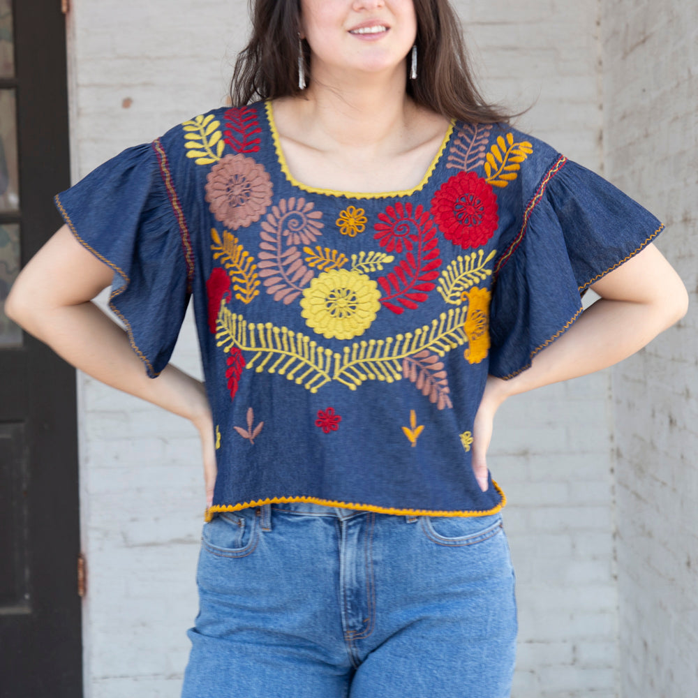 Carranza Flutter Sleeve Embroidered Cropped Blouse