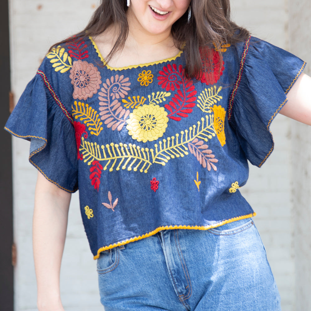 Carranza Flutter Sleeve Embroidered Cropped Blouse