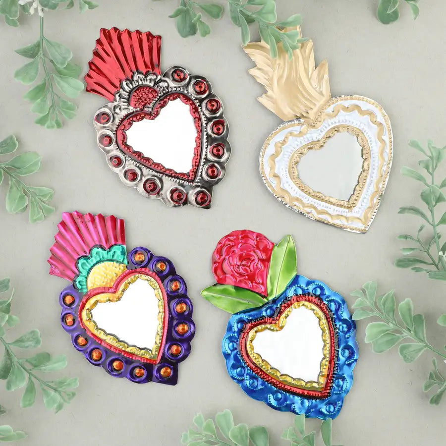 Medium Mexican Crown Milagro Tin Heart with Mirror