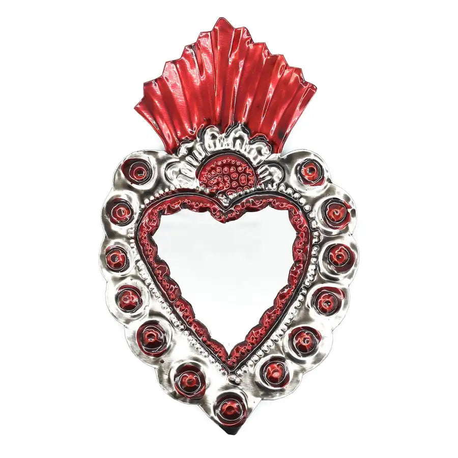 Medium Mexican Crown Milagro Tin Heart with Mirror