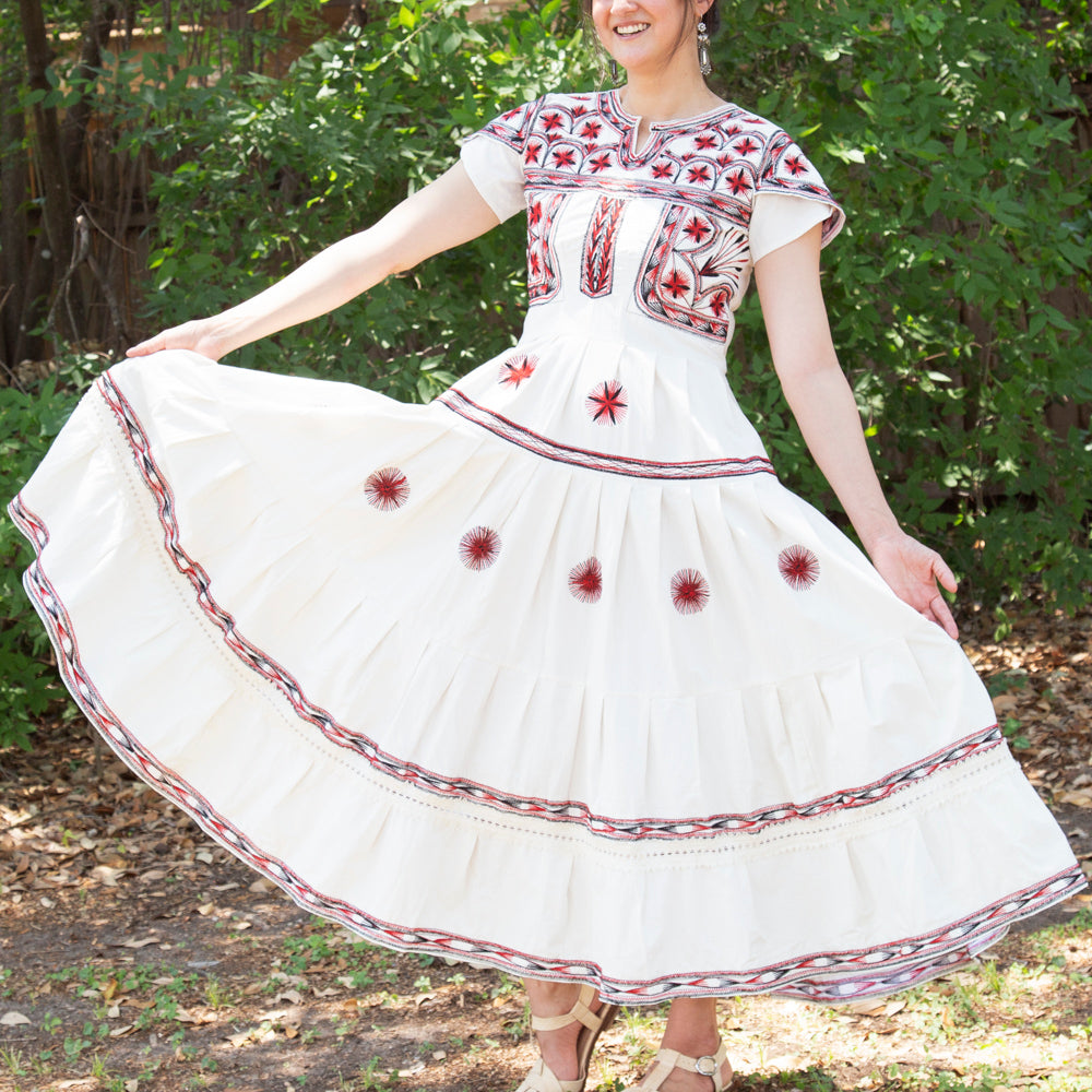Tzatz Long Tiered Embroidered Dress | Lolo Mexican Mercadito Black with Blue & White Embroidery / Large Tzatz Long Tiered Embroidered Dress | Lolo Mexican Mercadito Black with Blue & White Embroidery / Large